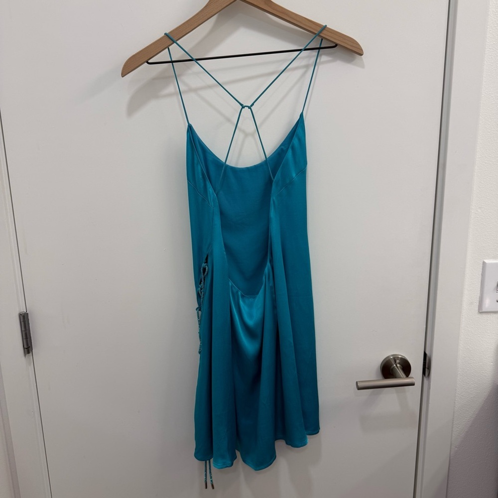 Meshki NEW Briah Diamante satin Mini Dress in cyan blue turquoise size small - Picture 8 of 9